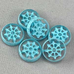 Ship Steering wheel beads, Czech glass coin, crystal clear glass, aqua blue wash, nautical, table cut - 13mm - 2 or 6 pcs - MG1109-b167
