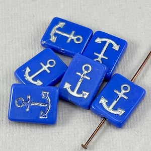 Periwinkle Blue Czech anchor rectangle glass beads, rustic silver wash, table cut, nautical, ship - 15mm x 12mm - 2 or 6 pcs - GEO375-b089