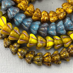 Yellow or Blue Czech glass five petal bell flower beads, picasso beads,  - 12 pcs - 8mm - FB1855-b227