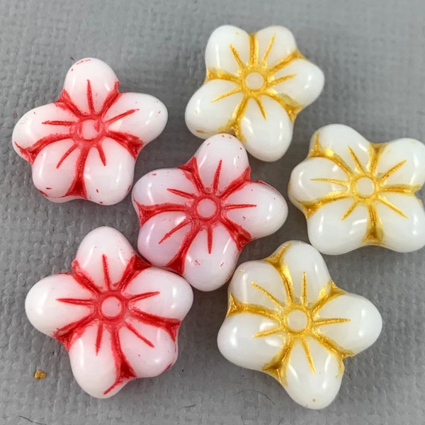 Pansy flower beads, White Czech glass beads puffy flowers, 5 petal pansy, coral, golden, copper red wash - 14mm x 12mm - 10pcs - FB1134-b226