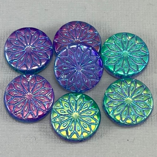 Teal, Purple, Green Czech glass mandala flower coin beads, origami flower beads - 18mm - 2 or 4 pcs - FB941-b031