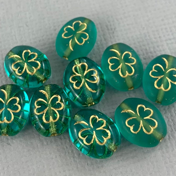 Teal Green Czech glass clover oval beads, gold metallic wash, shamrock, matte or gloss, good luck beads - 10mm x 8mm - 15 pcs - FB397-b147