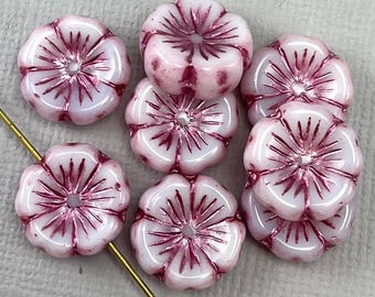 Hibiscus flower beads, Czech glass, White, pink wash - 14mm - 6, 12 or 24pcs - FB1828-b464-(463)