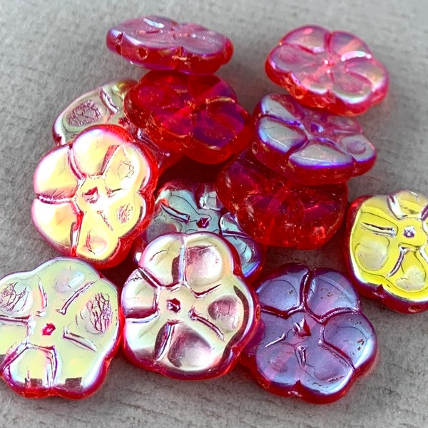 Candy red Czech glass Primrose flower beads, yellow, blue aurora borealis finish, mix - 15mm - 6 pcs - FB822-b168