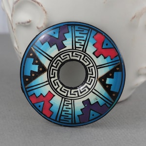 Handmade Peruvian Donut pendant, Aztec motif focal, blue, pink - 1pc - 42mm - MG207