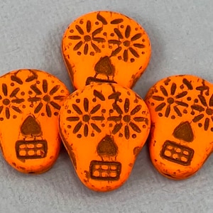 Matte Bright Halloween Orange glass sugar skull beads, Day of the Dead, Dia de los Muertos - 2 or 4 pcs - 19mm x 16mm - MG1042-b218
