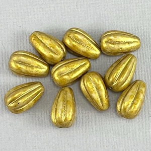 Gold finish, White drop beads, Caramel Picasso, Fluted Czech glass, melon teardrop, pear, drops - 10 pcs - 13mm x 8mm - MG1263-b400