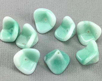 Pale Aqua Blue Czech glass bell flower beads, white tips, pastel, 3 petal flower, daylily - 10 or 25 pcs - 12mm x 9mm - FB1535-b328