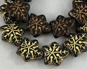 Jet Black Czech glass chestnut leaf beads, gold or bronze wash, pressed beads, leaves, maple leaf - 17mm x 16mm - 2 or 6 pcs - FB2098-b315