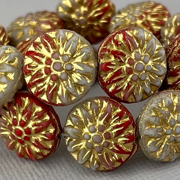 Matte, Red and White dahlia, gold wash Czech glass flower beads, aster, daisy, sunflower - 14mm - 6 pcs - FB872-b146