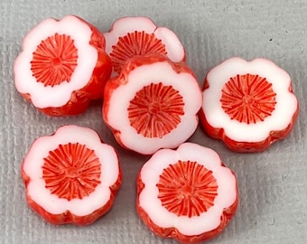 Fire Engine Red & White Czech hibiscus glass flower beads - 14mm - 6 or 12 pcs - FB1891-b460