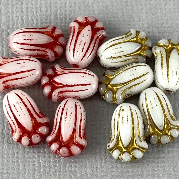 White Czech glass tulip flower beads, puffy flowers, gold wash, lily beads - 12mm x 8mm - 12 or 24 pcs - FB1317-b083