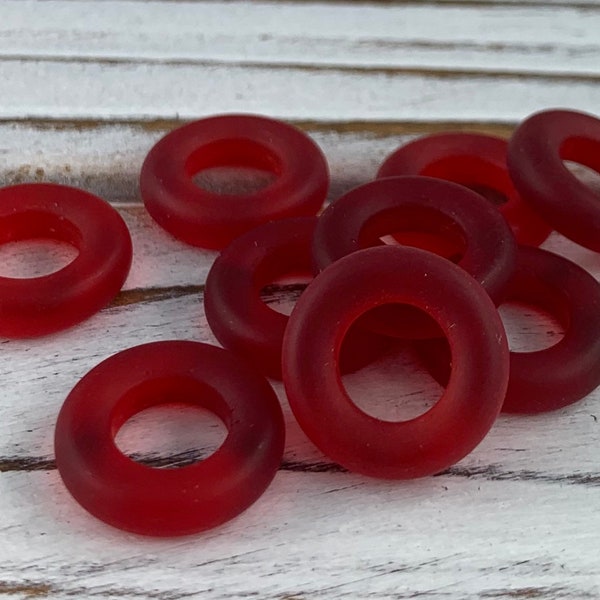 Frosted Matte Finish Czech glass donut shaped beads in Ruby Red, ring, circle - 14mm - 6 pcs - GEO110-b244