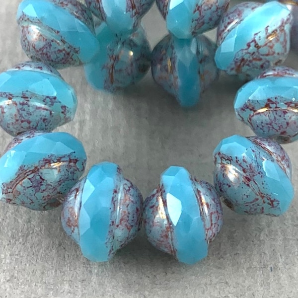 Saturn shaped silky aqua blue pressed Czech glass beads, metallic purple picasso wash, gold luster - 10mm x 8mm - 10 pcs - MG465-b108