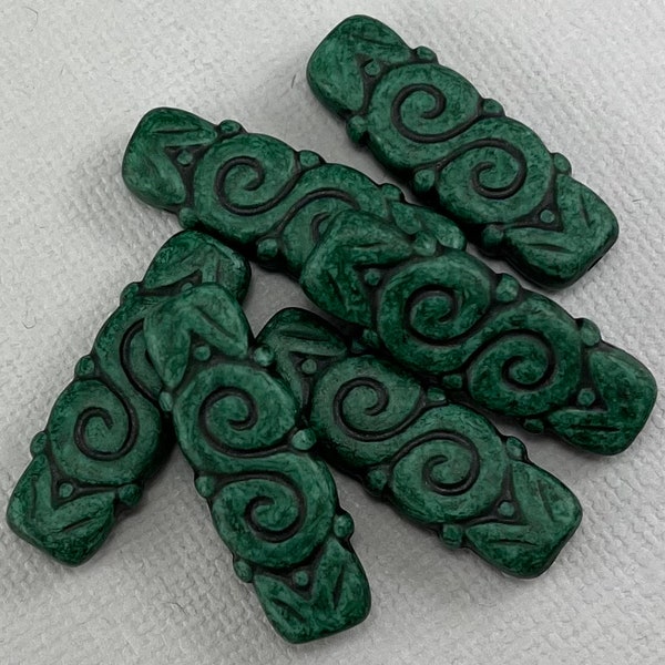 Flat Fancy Rectangle beads, matte tube acrylic, Hunter Green, vintage style, swirl detail, large - 30mm x 11mm - 6pc - GEO358-b058