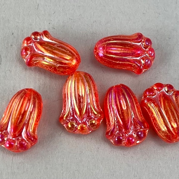 Transparent Candy Red Czech glass tulip beads, puffy flowers, Rainbow aurora borealis, gold luster - 12mm x 8mm - 12 or 24 pcs - FB1390-b004