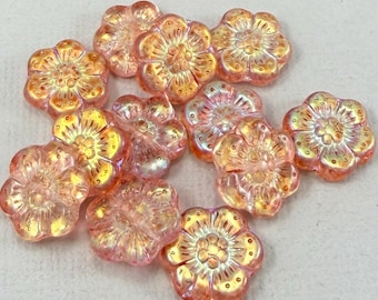 Peach Czech glass wild rose flower beads, aurora borealis - 14mm - 6 or 12 pcs - FB032-b035