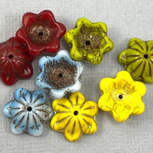 Avocado Green, Red, Blue, Yellow Czech glass wide 6 petal bell flower beads gold, bronze wash - 6 pcs - 12mm x 6mm - FB1422-b395