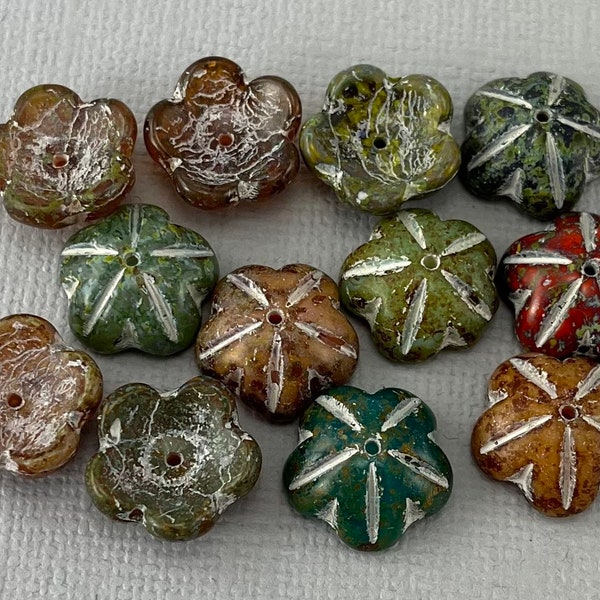 Matte Rustic Czech glass bell flower beads, white wash, picasso mix, red, green, beige, caramel - 6 pcs - 14mm x 7mm - FB238-b192