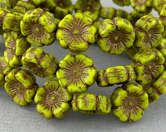 Avocado Green Czech hibiscus glass flower beads, bronze wash finish, Wasabi Green - 12mm - 6 or 12 pcs - FB966-b85