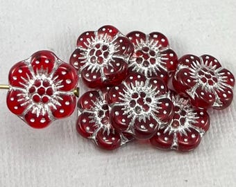 Cherry Red Czech glass wild rose flower beads, silver wash - 14mm - 6 or 12 pcs - FB1347-b066