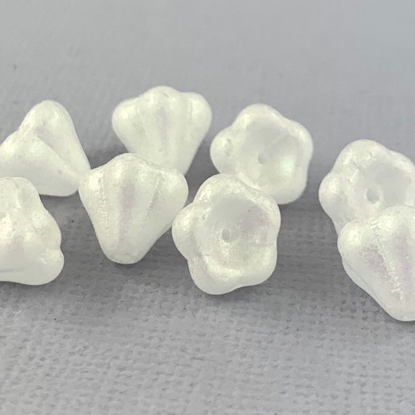 Frosted White Czech glass five petal bell flower beads, matte, luster finish clear glass, bells - 12 or 24 pcs - 10mm x 8mm - FB1158-b133