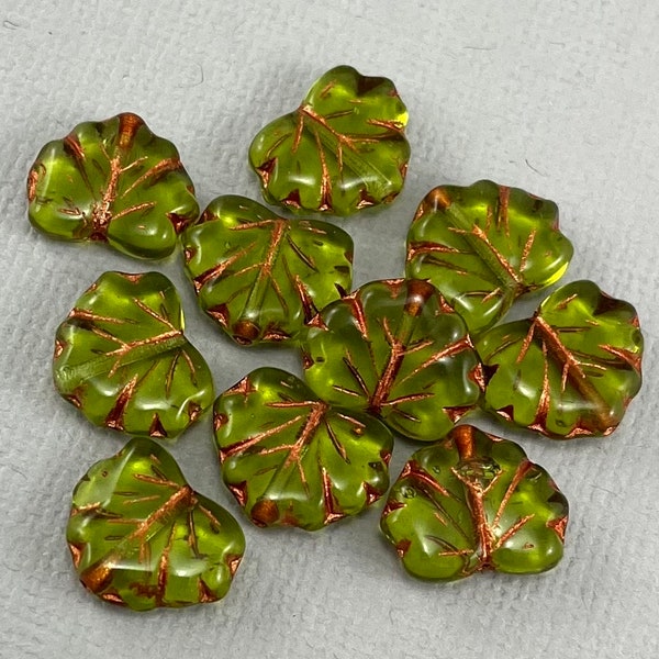 Olive green Czech glass maple leaf beads, pressed beads, transparent, copper wash - 13mm x 11mm - 10 pcs - FB1581-b076