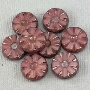 Sunflower beads, pressed, table cut pink moonglass Czech glass flower beads, bronze luster, white wash - 13mm - 6 or 12 pcs - FB1778-b345