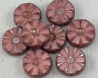 Sunflower beads, pink moonglass Czech flower beads, bronze luster - 13mm - 6 or 12 pcs - FB1778-b345