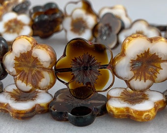 Large, Dark Chocolate Brown, White, Clear Czech glass table cut flower beads, picasso, brown starburst - 20mm - 2 or 4 pcs - FB223-b006