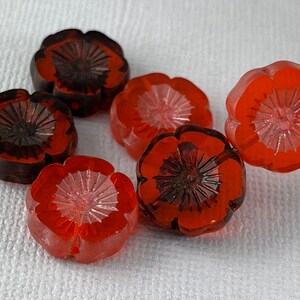 Transparent bright orange Czech hibiscus glass flower beads, frosted or brown picasso finish, table cut - 16mm - 6 pcs - FB713-b230