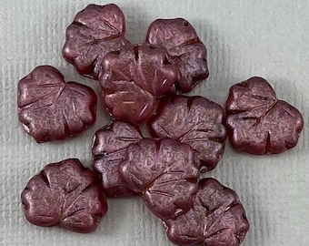 Czech glass maple leaf beads, dark mauve pink, caramel picasso - 13mm x 11mm - 10 or 20 pcs - FB1221-b106