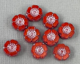 Variegated Red Czech glass table cut flower beads, Silvery luster, hibiscus, cherry - 8mm - 12pcs - FB1427-b104