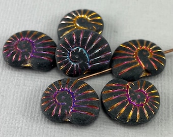 Matte Jet Black nautilus shell beads, Czech glass, metallic rainbow wash - 17mm x 13mm - 6 or 12 pcs - AB638-b021