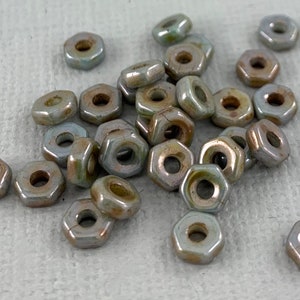 Hexagon spacer beads, pressed Czech glass disk, stone gray green, picasso, luster, hex nut, 2mm hole - 5mm - 50 or 100 pcs - MG145 -b068