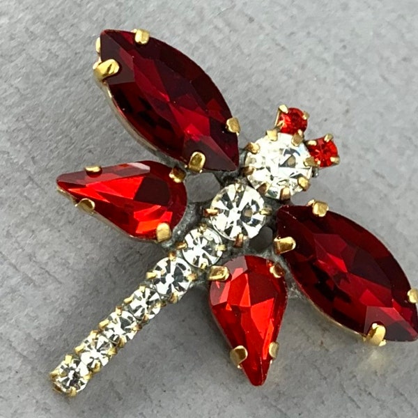 Dark Siam Red, Crystal Clear dragonfly, Czech glass rhinestone button, embellishment, knitting, sewing - 29mm x 34mm - 1 pc - RSB234