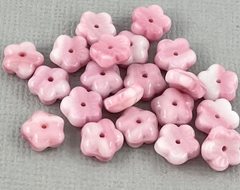 Pink & White cherry blossom Czech glass flower beads, forget me not, pressed, center hole, baby pink - 8mm - 25 pcs - FB2106-b135