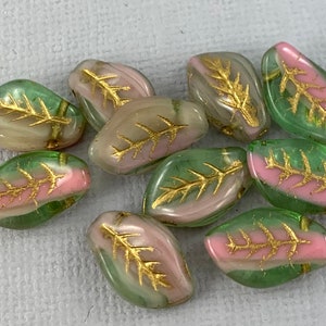 Variegated Green, Gray, Pink Czech glass beads, matallic gold wash accents, curved leaf beads, leaves - 14mm x 9mm - 12 pcs - FB2062-b289