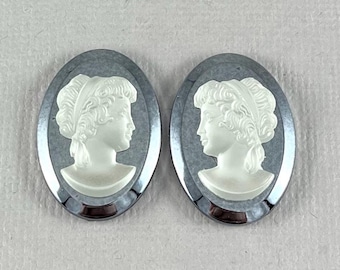 Vintage, Victorian Lady cameo, acrylic, plastic, hematite color base, clear lady head portrait, matching pair - 25mm x 18mm - 2 pcs -MG1282