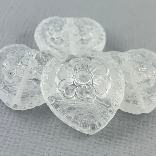 Matte Transparent Crystal Clear pressed Czech glass heart beads, puffy heart, flower, daisy, frosted heart - 18mm - 4 or 8 pcs - MG129-b8