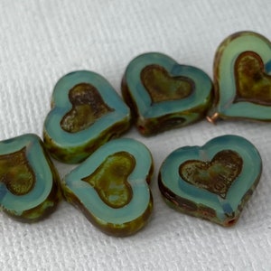 Opal Green pressed, table cut Czech glass heart beads, luster finish, picasso finish - 6pcs - 12mm x 14mm - MG001-b483