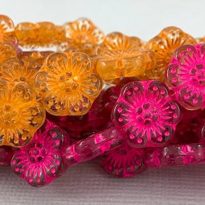 Transparent Clear Czech glass wild rose flower beads, Orchid Pink or Harvest Gold wash - 14mm - 6 or 12 pcs - FB1167-b160