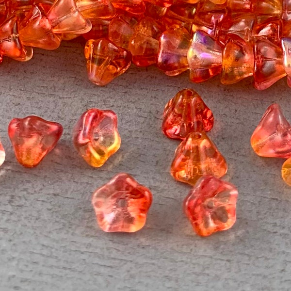 Variegated Orange, Yellow, Red, Clear Czech glass five petal bell flower beads, aurora borealis - 25 pcs - 8mm - FB879-b089
