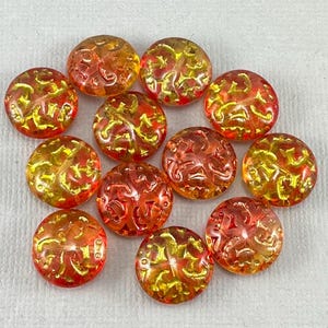 Lentil beads, transparent Orange & Yellow Czech glass, old gold, old copper scroll, swirl, puffy coin - 14mm - 6 or 12 pcs - MG1255-b079