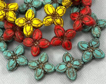 Turquoise blue, Red and Spring Green Czech glass table cut flower beads bronze wash, matte, 4 petal flower - 4 pcs - 17mm - FB1182-b246