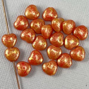 Orange & Red pressed Czech glass heart beads, metallic Gold dusted puffy heart, small heart, variegated - 8mm - 20pcs - MG1213-b284