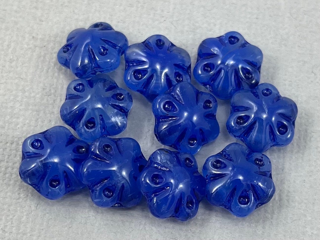 Glossy Clear & Blue Flower Beads, Czech Glass, Pressed Folklore Flower