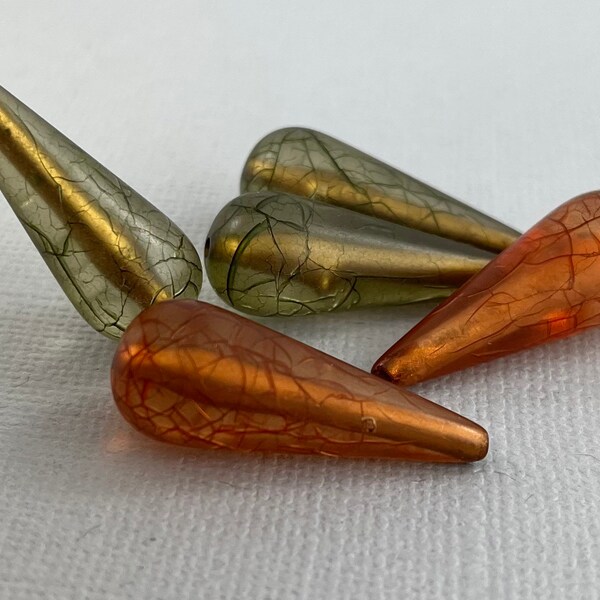 Large crackle drop beads, olive green or dark amber, vintage style, transparent - 29mm x 12mm - 6pc - GEO337-b328