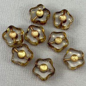 Crystal Clear Czech glass star flower beads, pressed, table cut starflower, brown picasso, metallic gold wash - 11mm - 12pcs - FB1681-b330