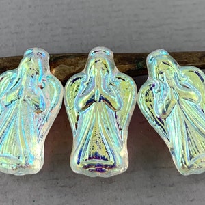 Clear Czech glass Guardian Angel beads, gold pink blue aurora borealis, praying Angel Christmas beads - 23mm x 13mm - 2 or 6 pcs -MG070-b318